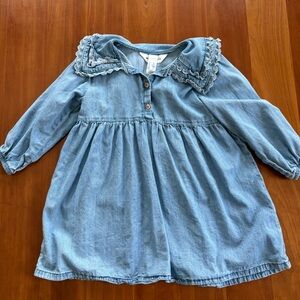 Girls' Blue Denim Dress with Ruffle Collar
